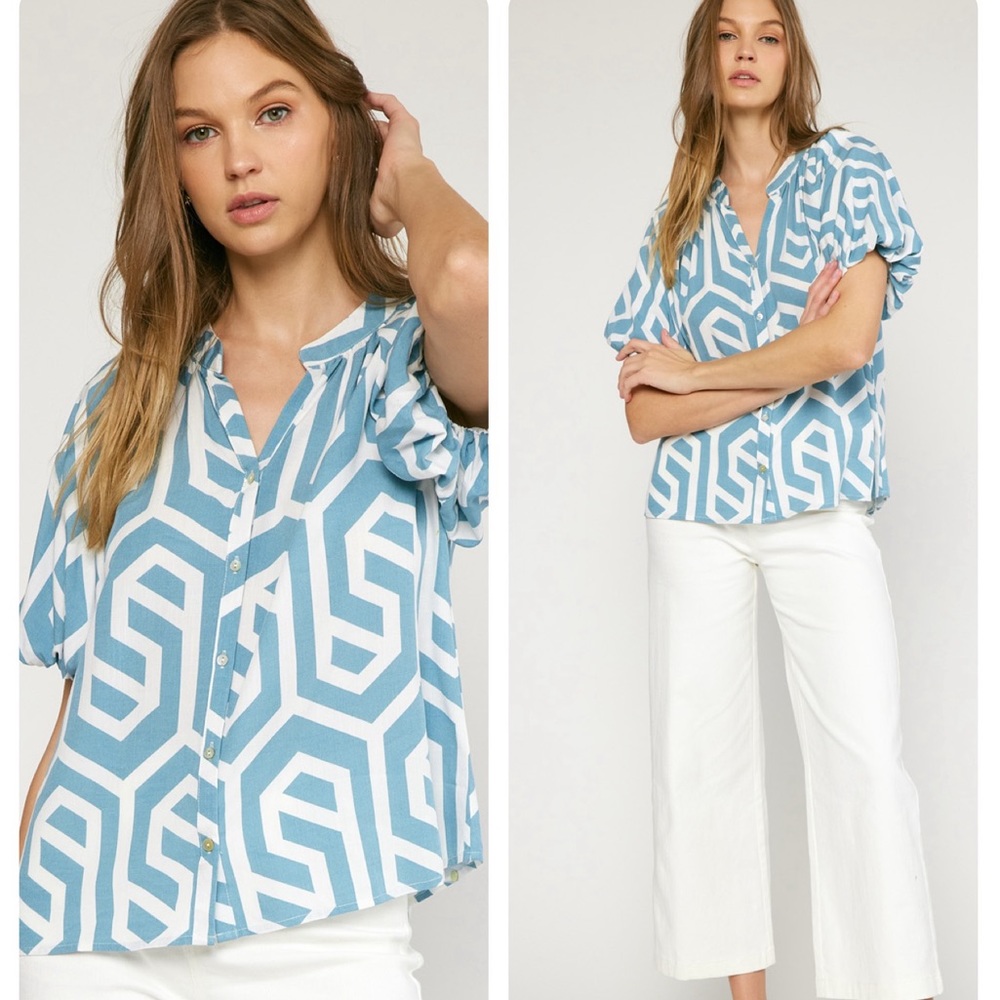 🎀🎀 ENTRO geometric blouse with puffy sleeves🎀🎀